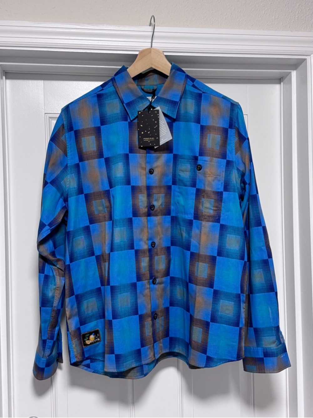 NWT Percival Razzle Check Knit Long Sleeve Shirt XL Blue Multi Organic Cotton